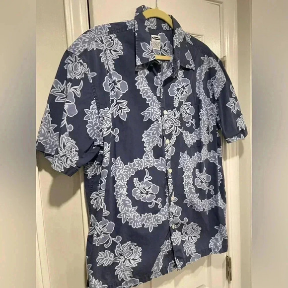 Old Navy Men’s Blue Hibiscus Hawaiian Print Blue Short Sleeve Button Down Size L - Picture 3 of 11